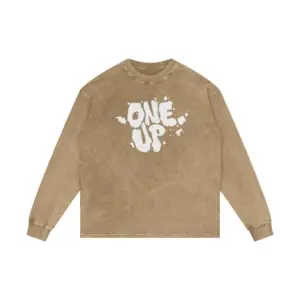 along sleeve tan colored acid washed t-shirt with One Up in cloud shaped white letters across it's front.