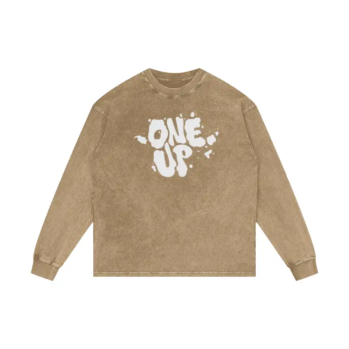 along sleeve tan colored acid washed t-shirt with One Up in cloud shaped white letters across it's front.