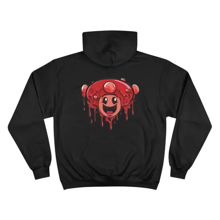 back side view of a Black poly-cotton blend hooded sweatshirt with a melting red smiley face cartoon character.