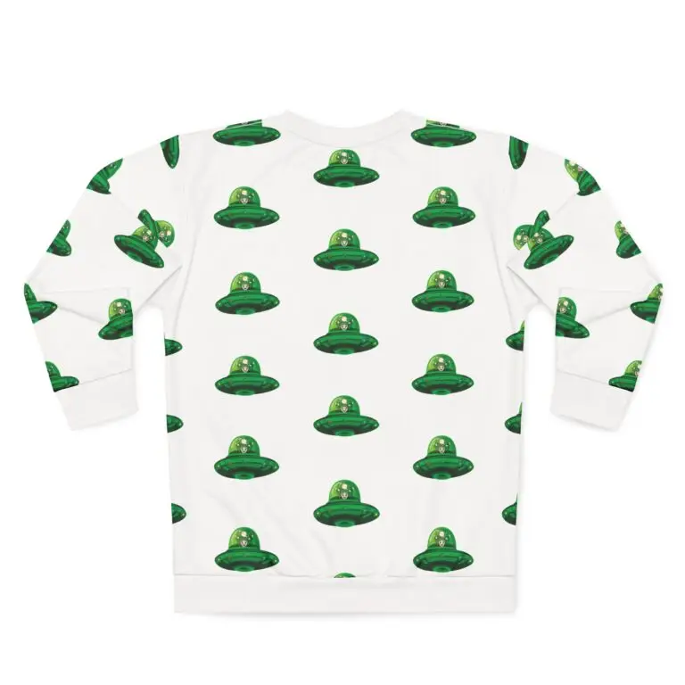 rear view of white sweatshirt with a pattern of little aliens in green flying saucers.