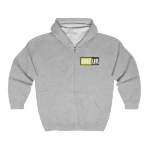 Sports Grey Full Zip up hooded sweatshirt with a One UP block logo on the left chest.