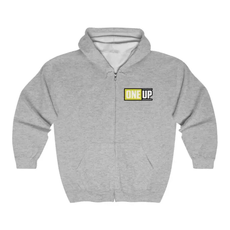 Sports Grey Full Zip up hooded sweatshirt with a One UP block logo on the left chest.