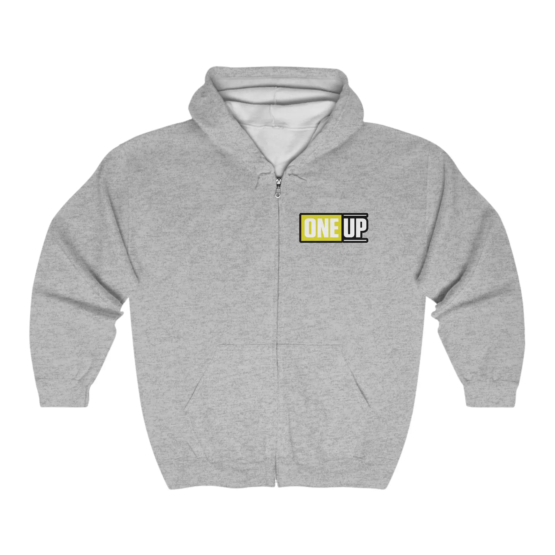 Sports Grey Full Zip up hooded sweatshirt with a One UP block logo on the left chest.