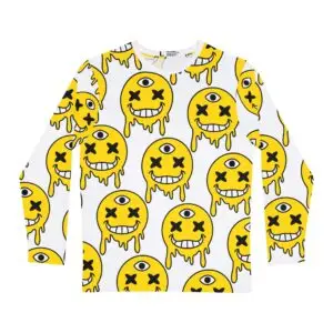 Long sleeved whitee polyester unisex top with a yellow smiley face artwork patterned across entire garment.