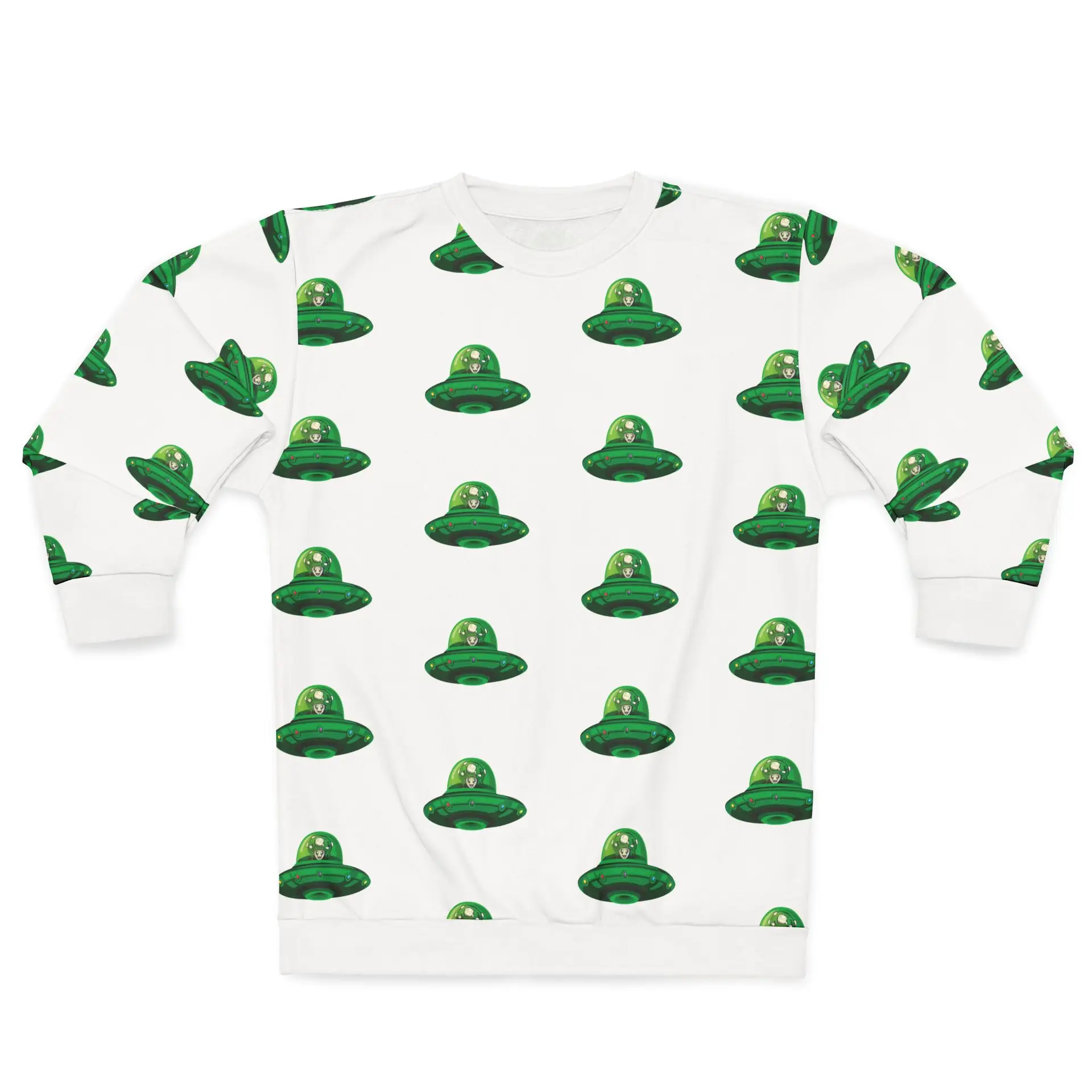 White sweatshirt with a patterrn of aliens in green flying saucers