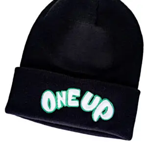 A traditional black beanie with a classic green and white One Up logo embroidered on it's front side.