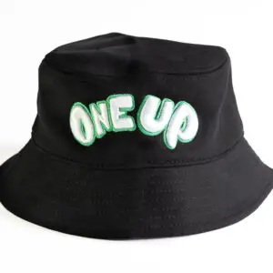 Black bucket hat with green and white classic One Up logo embroidered across the front side.