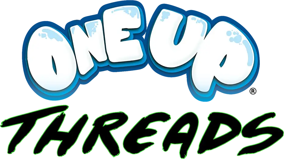 Blue One Up logo with "Threads" written across the bottom in a beach themed font.