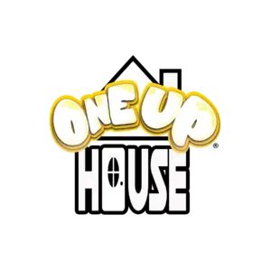 Yellow cartoon style lettering that reads "One Up" over a black outline of a house