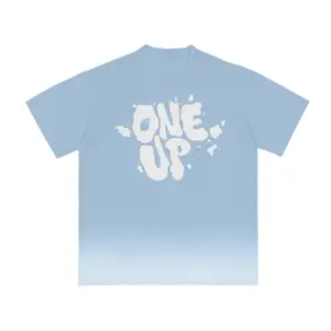 Blue cotton t-shirt witha white gradient from the bottom and a One Up Logo in cloud shaped letters on the front.