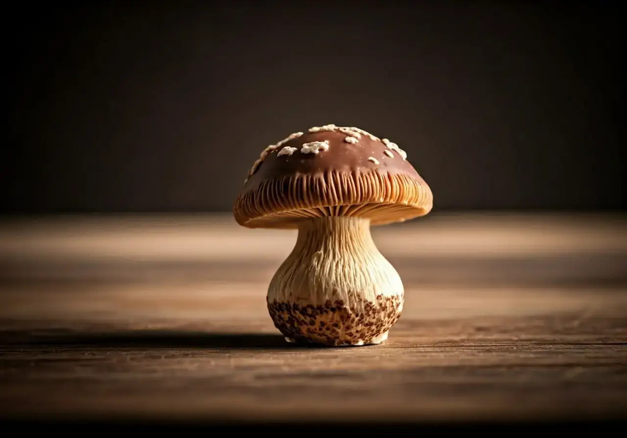 A close-up of a mushroom chocolate bar on a table. 35mm stock photo