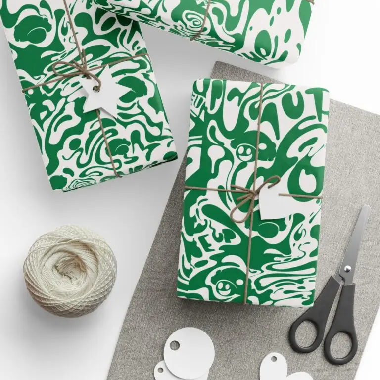 various boxes wrapped in One Up green deluxe trippy wrapping paper on a surface with a roll of twine and a pair of scissors.