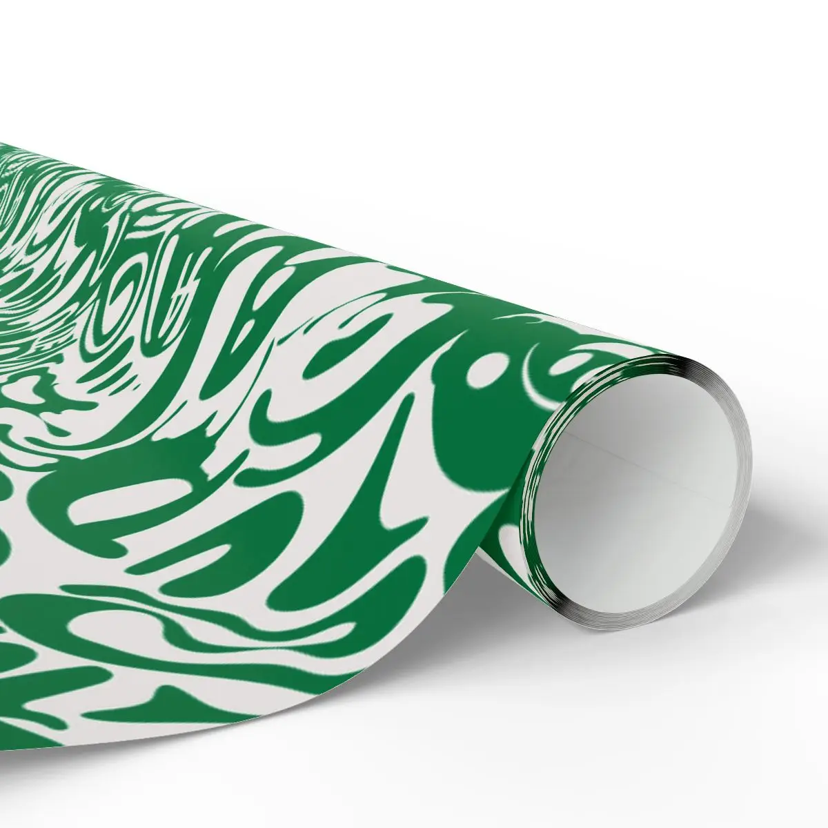 gift wrapping paper on a roll, with a green and white swirly pattern .