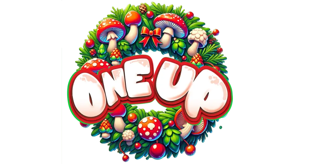 A holiday themed wreath made up of mushrooms crests the One Up logo.